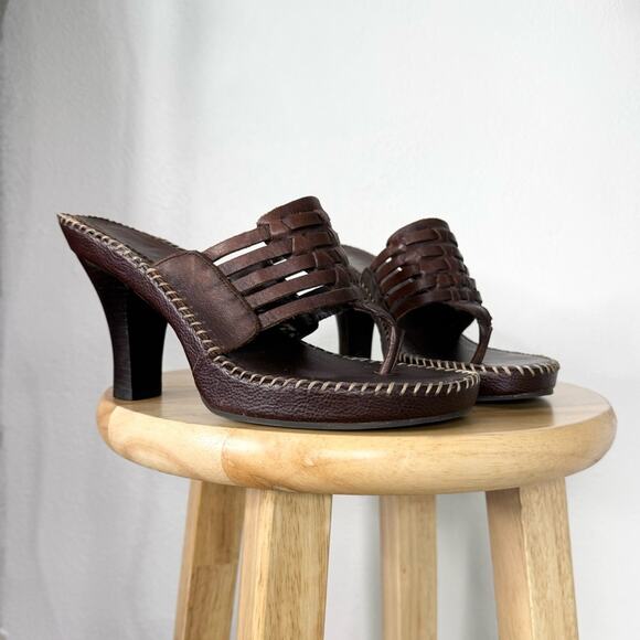 Vintage 90s Y2K Woven Leather Heels Sandals Boho Brown Platform MIA Size 8 1/2 - Picture 1 of 8